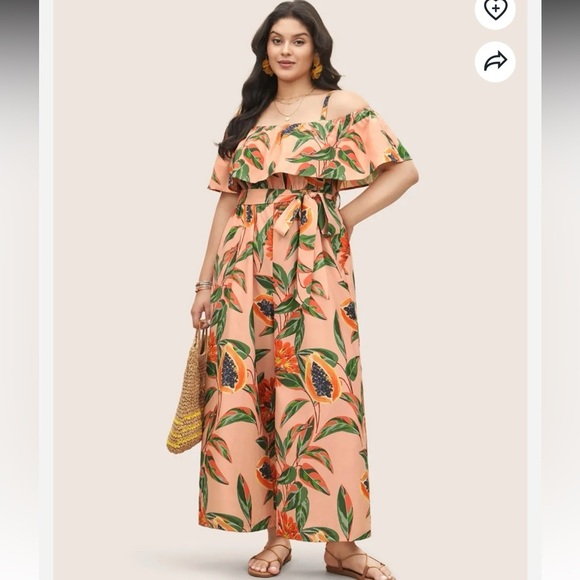 BloomChic Plus Size Citrus Fruit Print Belted Ruffle Trim Jumpsuit - Picture 5 of 6